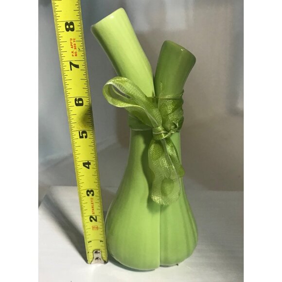 Ganz Double Bud Vase Green Scallion Celery Ceramic Ribbon Kitchy 8" Vintage - Picture 6 of 7